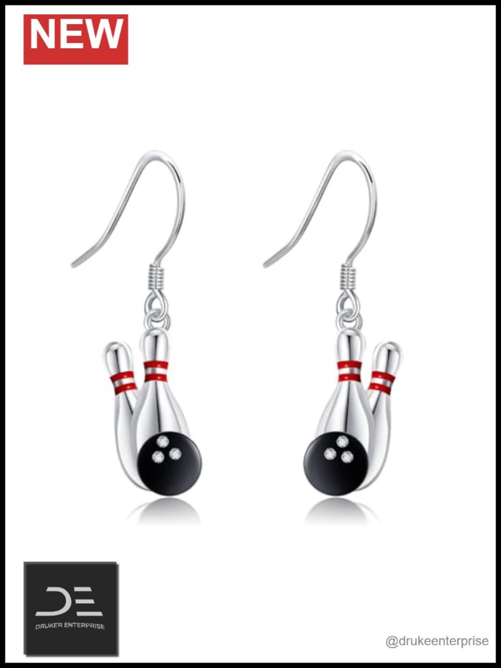 Sterling Silver Bowling Ball Dangle Drop Earrings Cubic Zirconia